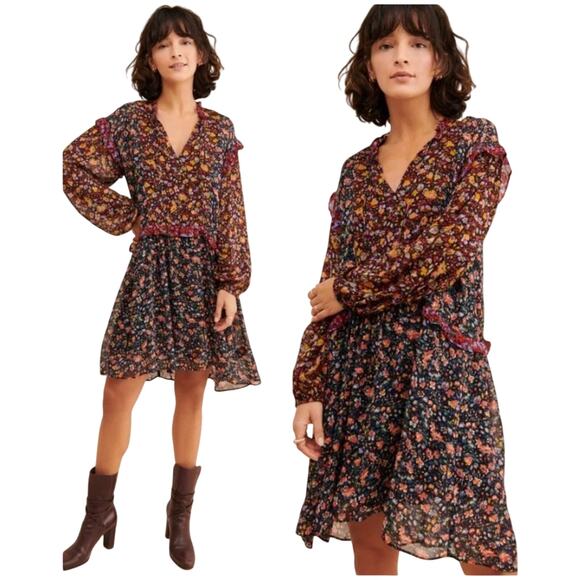 By Anthropologie Helene Black Floral Ruffled Chiffon Semi Sheer Tunic Dress Med. - Picture 1 of 16
